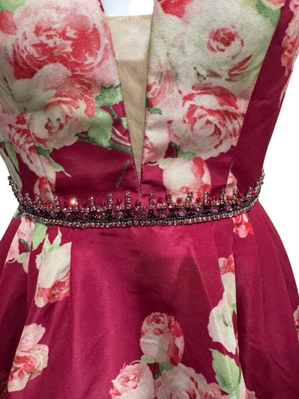 Sherri Hill Magenta Floral Plunge Satin Party Dress - Picture 9 of 12
